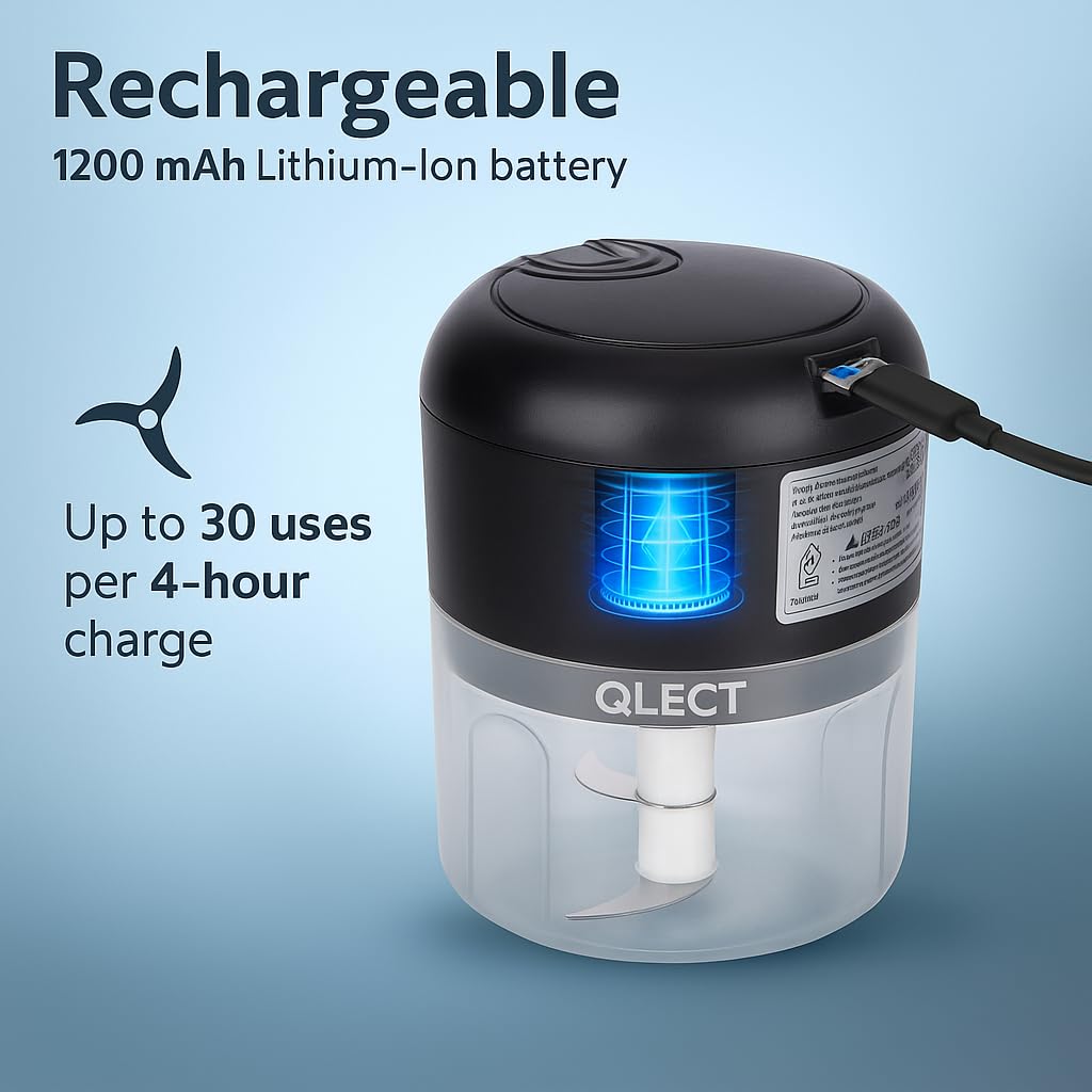 QLECT Electric Mini Chopper, USB Rechargeable Garlic Chopper with Stainless Steel Blades, Portable Food Processor for Onion, Nuts, Ginger, Vegetables & Baby Food (250ml, Black)