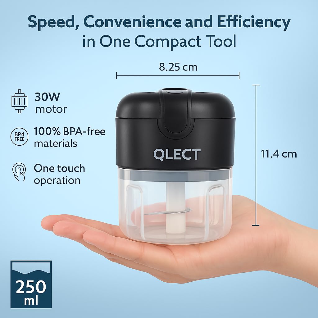 QLECT Electric Mini Chopper, USB Rechargeable Garlic Chopper with Stainless Steel Blades, Portable Food Processor for Onion, Nuts, Ginger, Vegetables & Baby Food (250ml, Black)