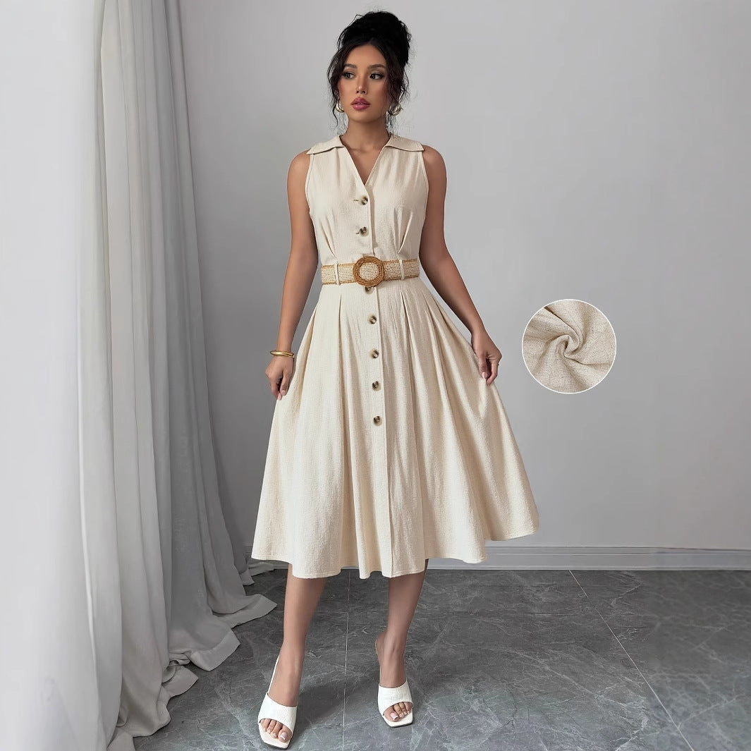 V-neck sleeveless breasted waistband A hem shirt dress for women