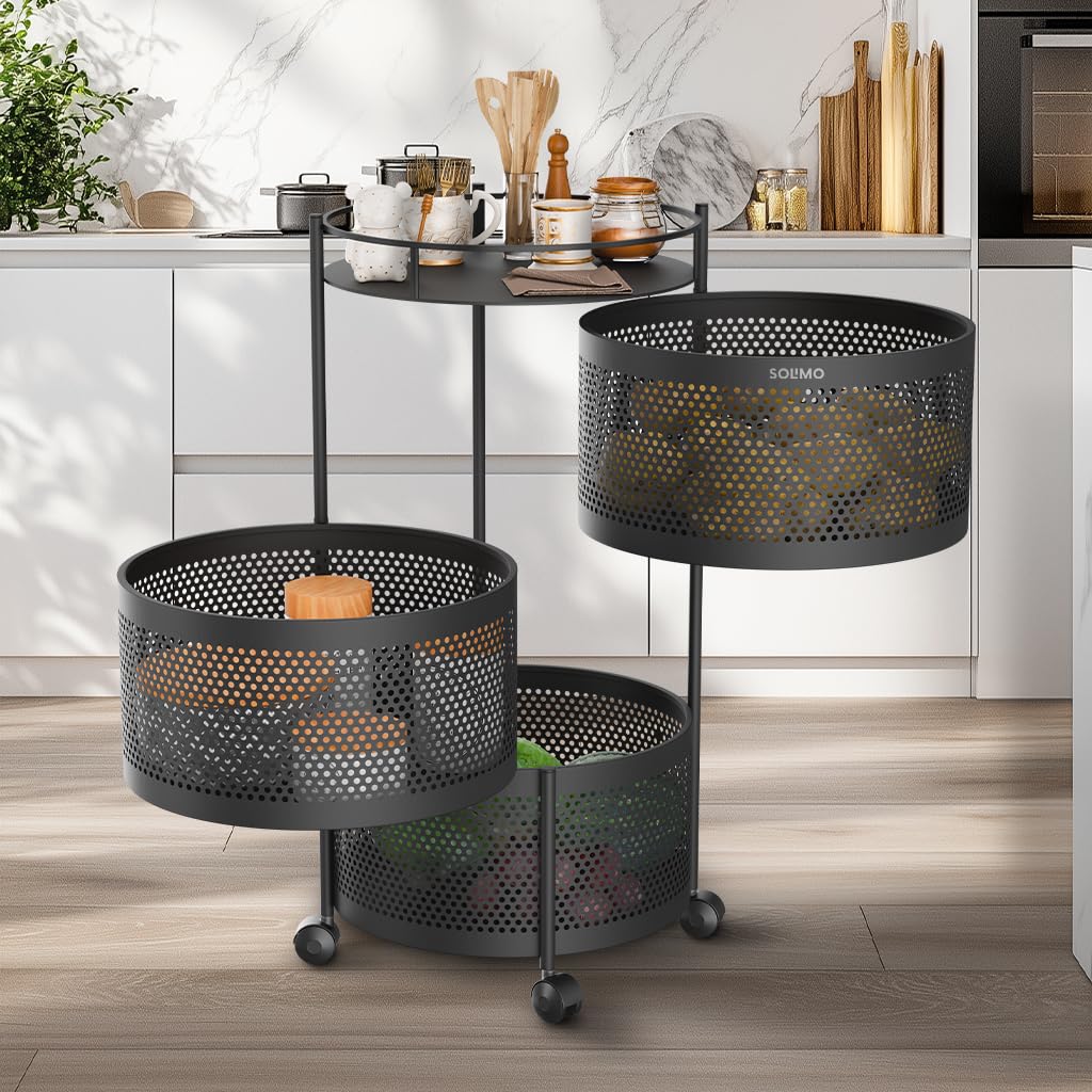 Amazon Brand - Solimo 360° Revolving Preassembled Portable 5 Layer Round Multipurpose Storage Kitchen Rack Carbon Steel Fruit Vegetable & Spice Trolley with Wheels for Kitchen Organizer(Matte, Black)