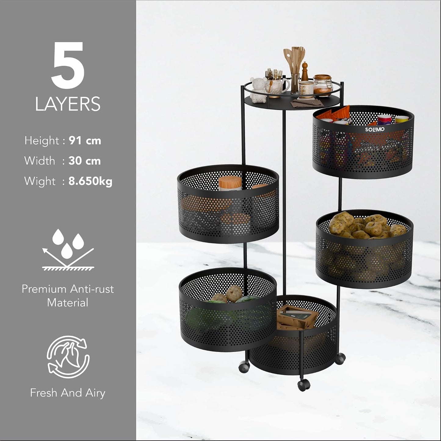 Amazon Brand - Solimo 360° Revolving Preassembled Portable 5 Layer Round Multipurpose Storage Kitchen Rack Carbon Steel Fruit Vegetable & Spice Trolley with Wheels for Kitchen Organizer(Matte, Black)