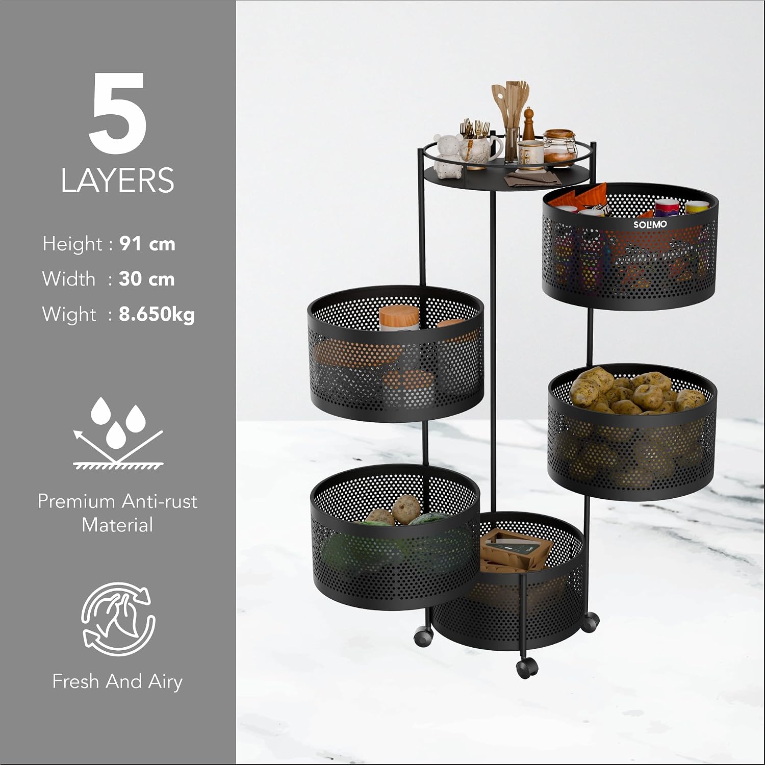 Amazon Brand - Solimo 360° Revolving Preassembled Portable 5 Layer Round Multipurpose Storage Kitchen Rack Carbon Steel Fruit Vegetable & Spice Trolley with Wheels for Kitchen Organizer(Matte, Black)