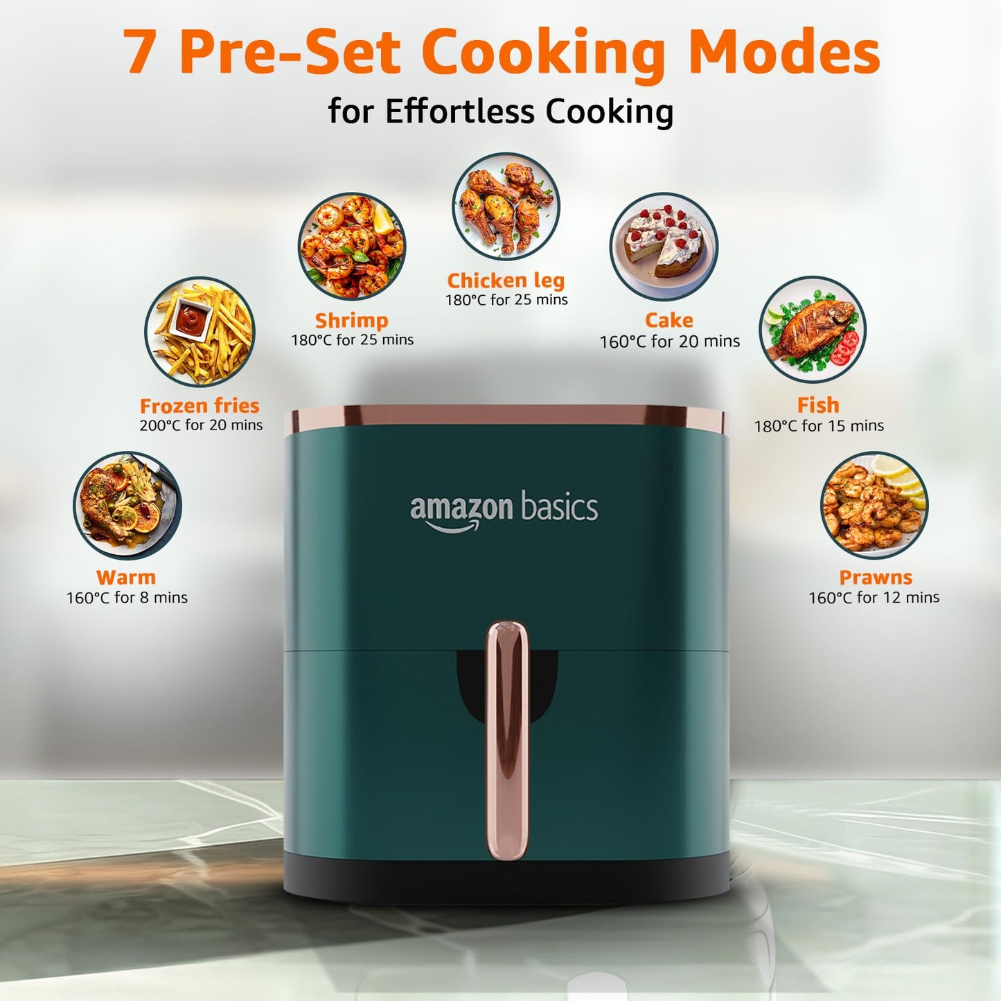 Amazon Basics 3.5L Electric Air Fryer | 1200 W | Temp. Settings Up to 200°C | 7 Pre-set Options | 360° High Speed Air Circulation | Non-Stick Coated | Touch Control Display | 1 Year Warranty (Green)