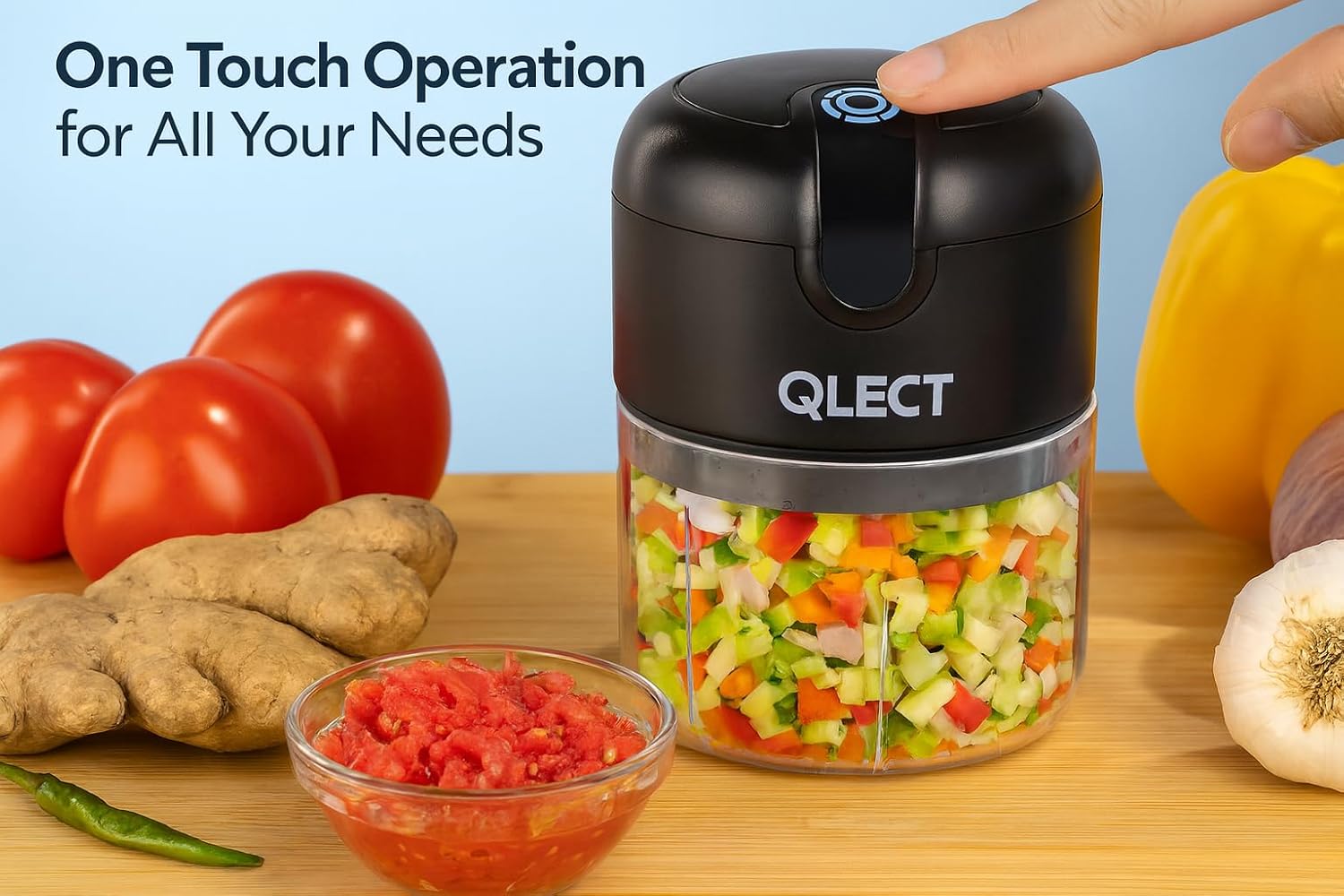 QLECT Electric Mini Chopper, USB Rechargeable Garlic Chopper with Stainless Steel Blades, Portable Food Processor for Onion, Nuts, Ginger, Vegetables & Baby Food (250ml, Black)
