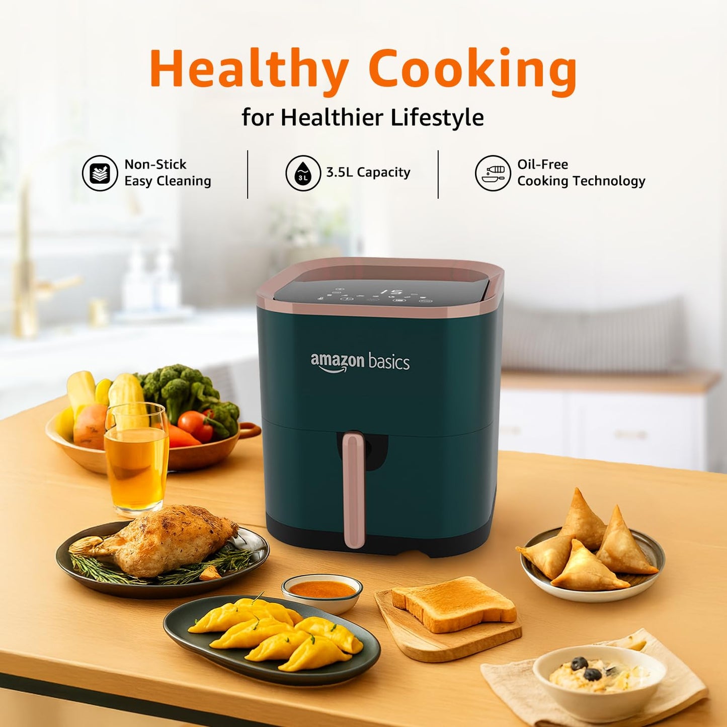Amazon Basics 3.5L Electric Air Fryer | 1200 W | Temp. Settings Up to 200°C | 7 Pre-set Options | 360° High Speed Air Circulation | Non-Stick Coated | Touch Control Display | 1 Year Warranty (Green)
