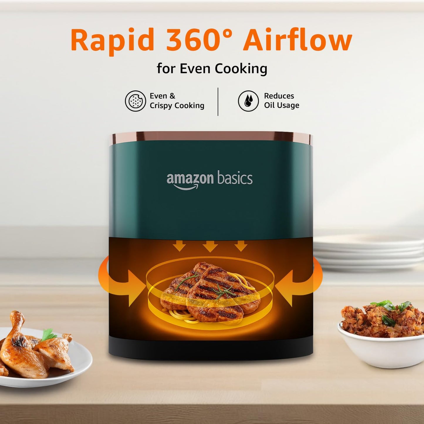 Amazon Basics 3.5L Electric Air Fryer | 1200 W | Temp. Settings Up to 200°C | 7 Pre-set Options | 360° High Speed Air Circulation | Non-Stick Coated | Touch Control Display | 1 Year Warranty (Green)