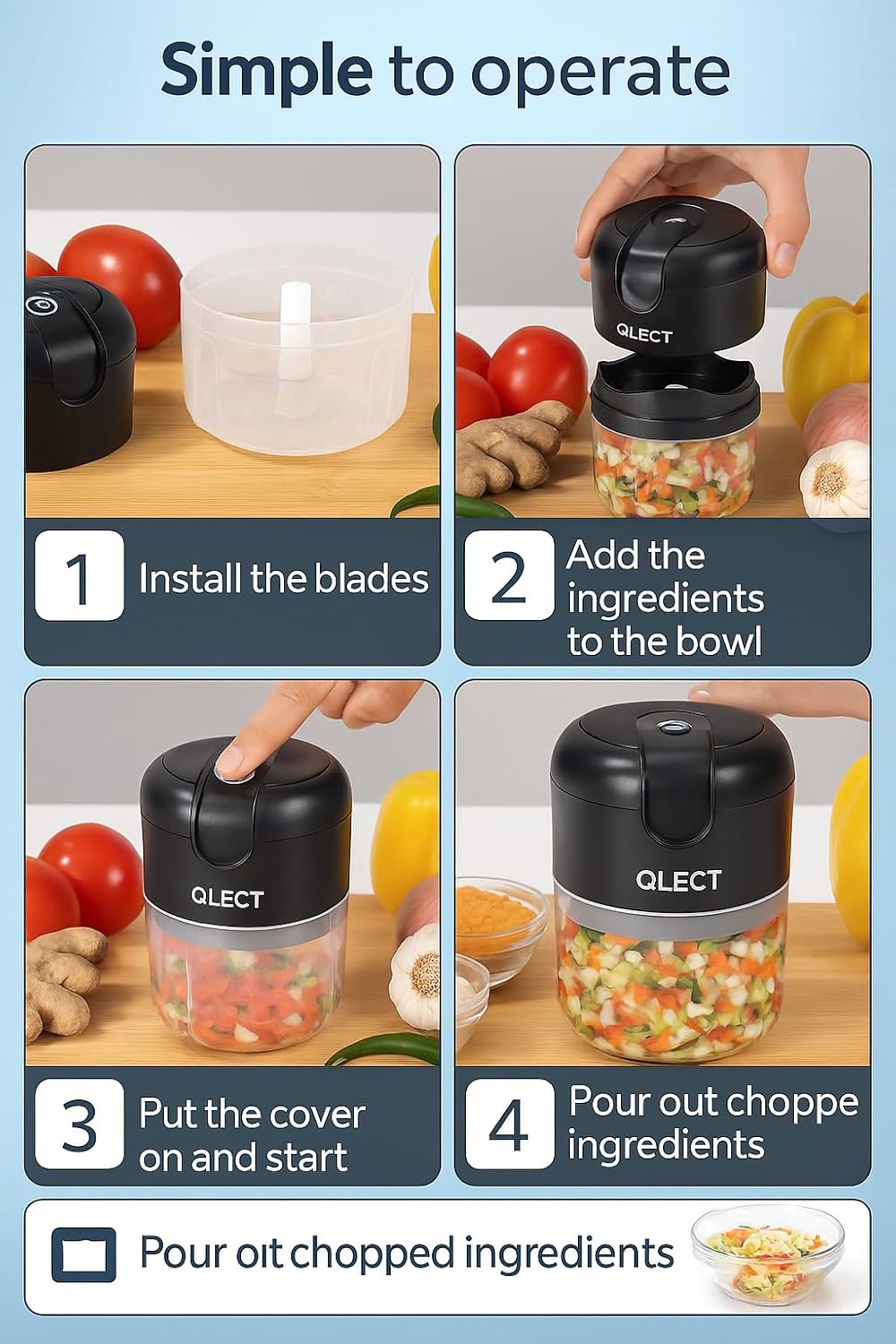 QLECT Electric Mini Chopper, USB Rechargeable Garlic Chopper with Stainless Steel Blades, Portable Food Processor for Onion, Nuts, Ginger, Vegetables & Baby Food (250ml, Black)