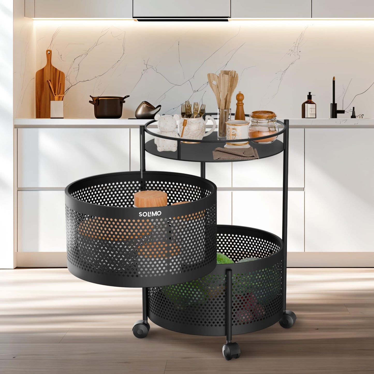 Amazon Brand - Solimo 360° Revolving Preassembled Portable 5 Layer Round Multipurpose Storage Kitchen Rack Carbon Steel Fruit Vegetable & Spice Trolley with Wheels for Kitchen Organizer(Matte, Black)
