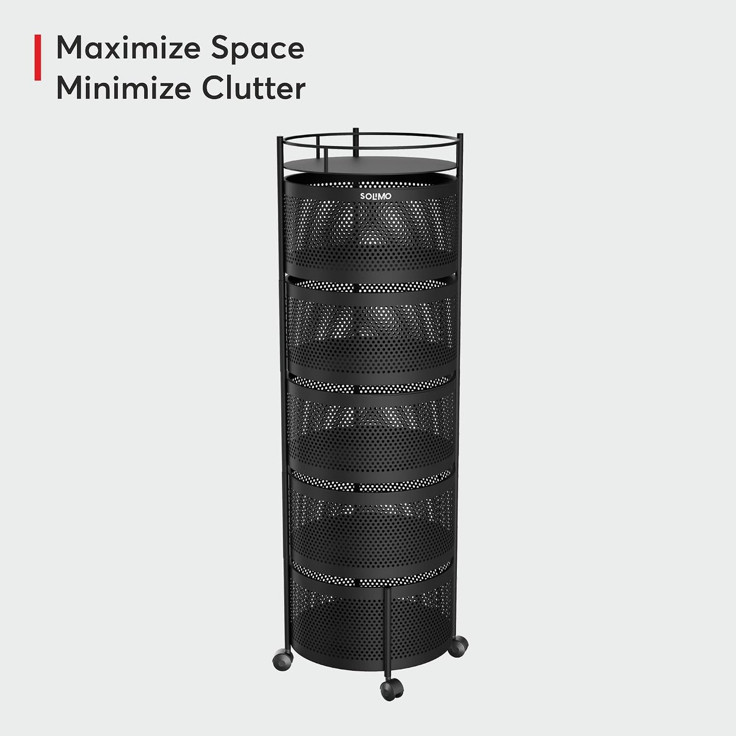 Amazon Brand - Solimo 360° Revolving Preassembled Portable 5 Layer Round Multipurpose Storage Kitchen Rack Carbon Steel Fruit Vegetable & Spice Trolley with Wheels for Kitchen Organizer(Matte, Black)