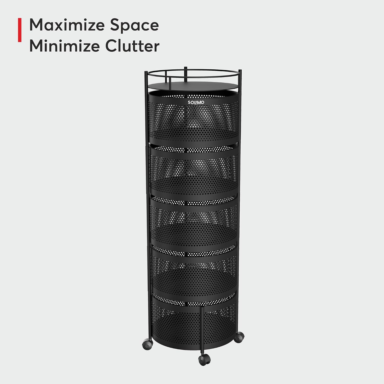 Amazon Brand - Solimo 360° Revolving Preassembled Portable 5 Layer Round Multipurpose Storage Kitchen Rack Carbon Steel Fruit Vegetable & Spice Trolley with Wheels for Kitchen Organizer(Matte, Black)