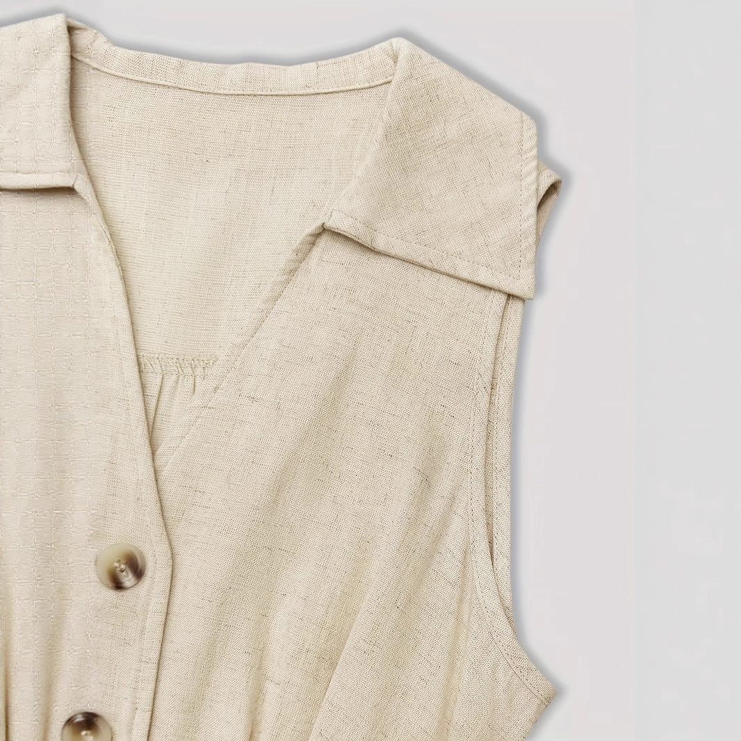 V-neck sleeveless breasted waistband A hem shirt dress for women