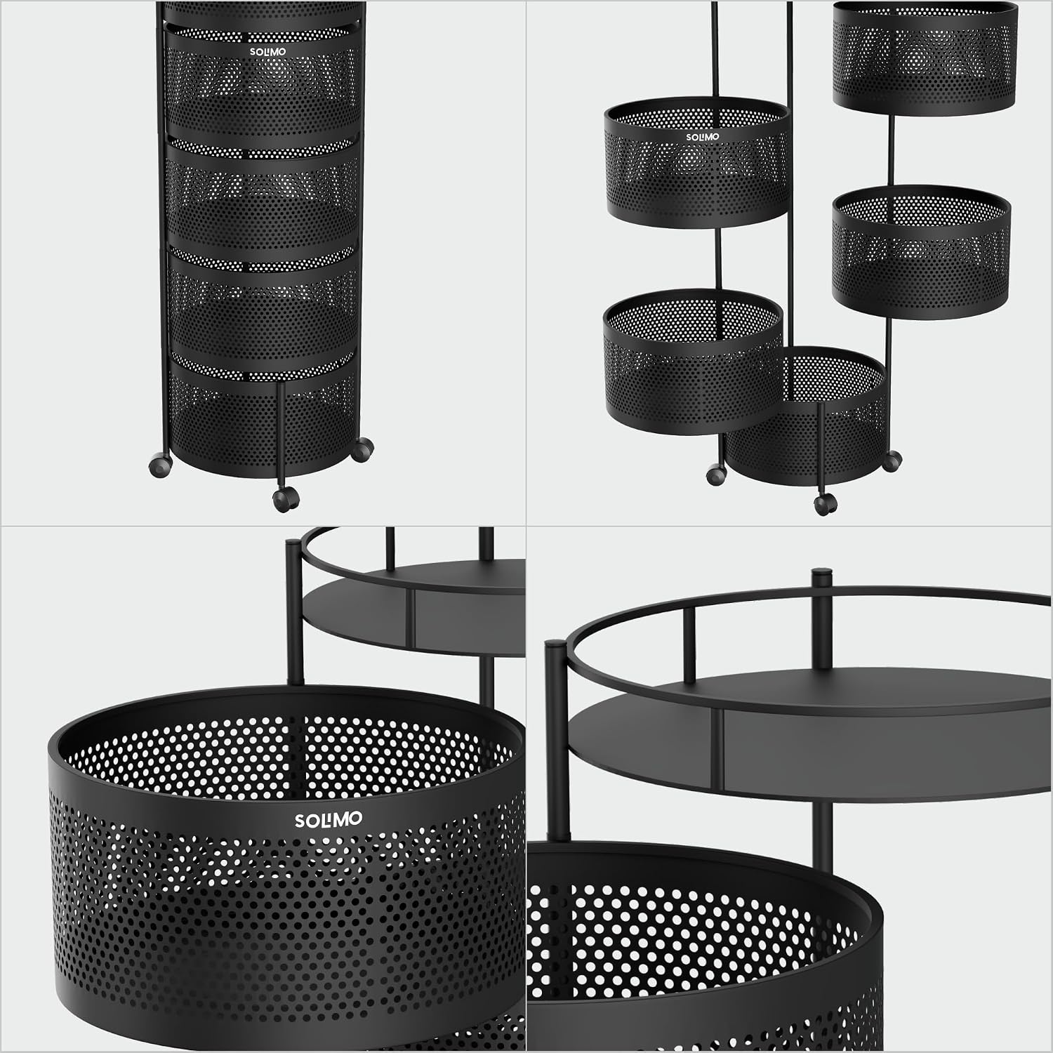 Amazon Brand - Solimo 360° Revolving Preassembled Portable 5 Layer Round Multipurpose Storage Kitchen Rack Carbon Steel Fruit Vegetable & Spice Trolley with Wheels for Kitchen Organizer(Matte, Black)