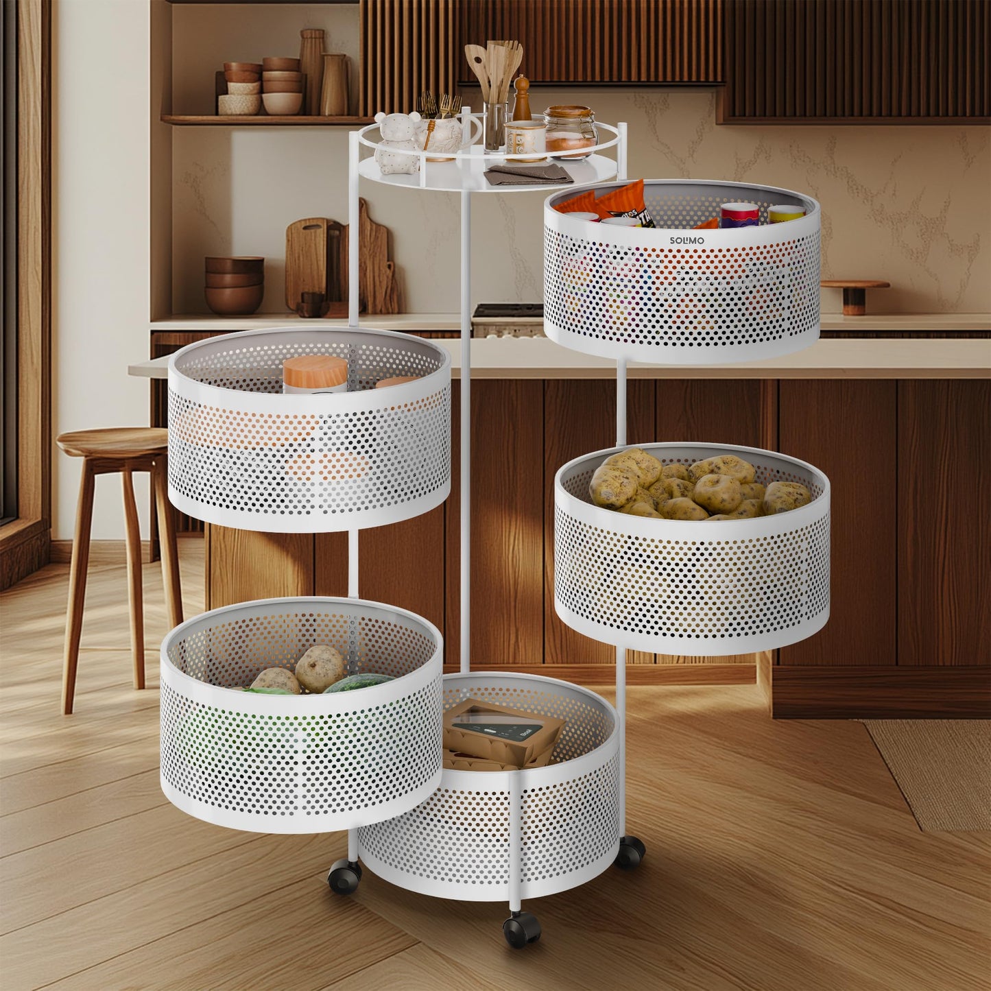 Amazon Brand - Solimo 360° Revolving Preassembled Portable 5 Layer Round Multipurpose Storage Kitchen Rack Carbon Steel Fruit Vegetable & Spice Trolley with Wheels for Kitchen Organizer(Matte, Black)