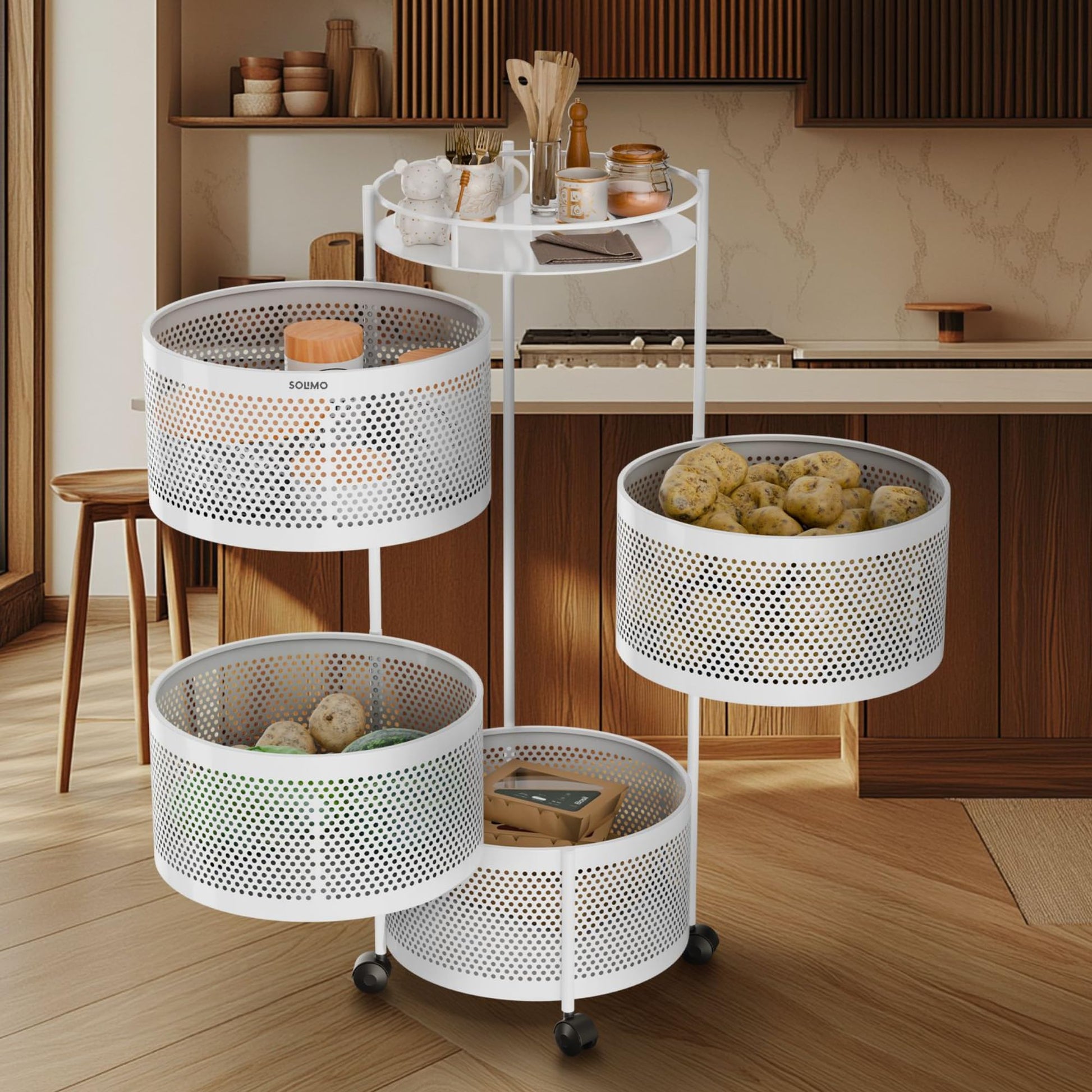 Amazon Brand - Solimo 360° Revolving Preassembled Portable 5 Layer Round Multipurpose Storage Kitchen Rack Carbon Steel Fruit Vegetable & Spice Trolley with Wheels for Kitchen Organizer(Matte, Black)