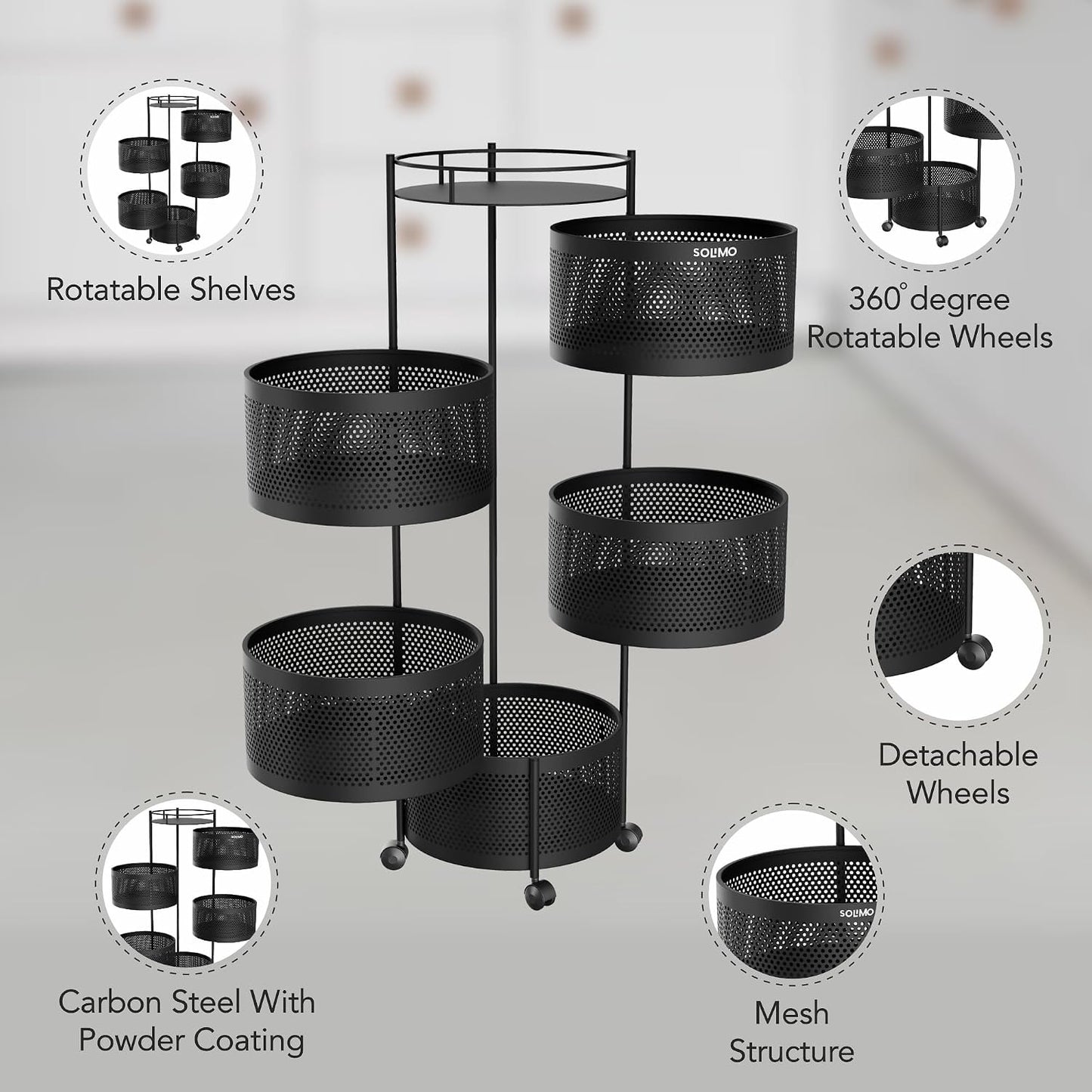 Amazon Brand - Solimo 360° Revolving Preassembled Portable 5 Layer Round Multipurpose Storage Kitchen Rack Carbon Steel Fruit Vegetable & Spice Trolley with Wheels for Kitchen Organizer(Matte, Black)