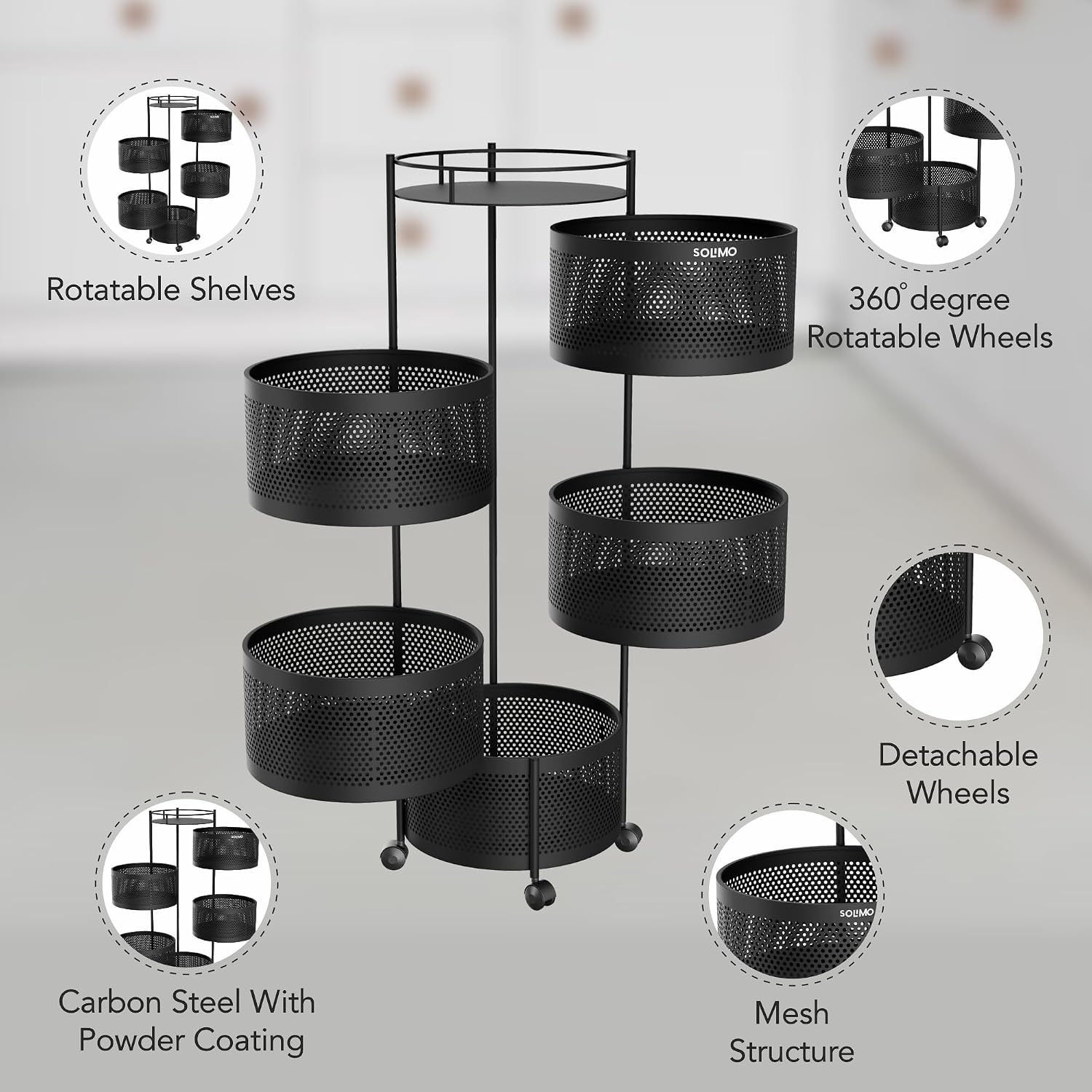Amazon Brand - Solimo 360° Revolving Preassembled Portable 5 Layer Round Multipurpose Storage Kitchen Rack Carbon Steel Fruit Vegetable & Spice Trolley with Wheels for Kitchen Organizer(Matte, Black)