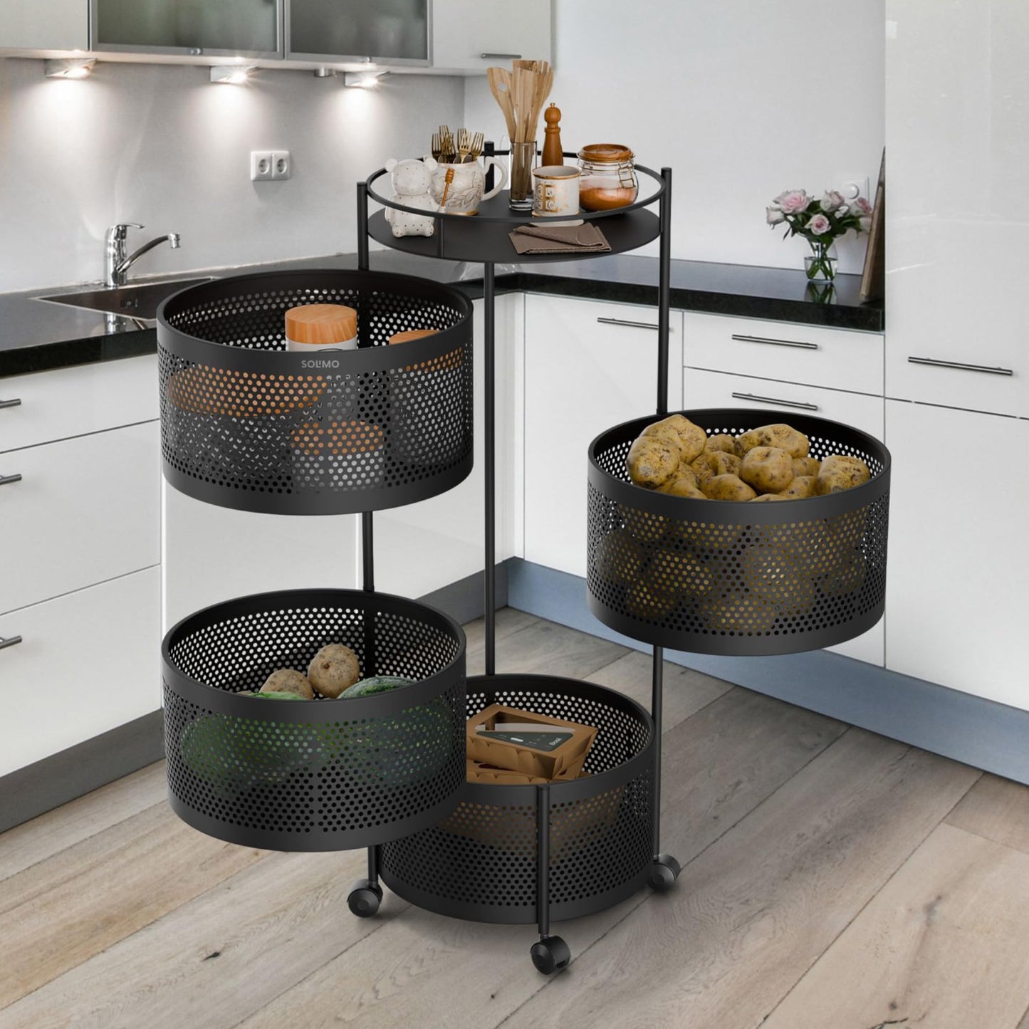 Amazon Brand - Solimo 360° Revolving Preassembled Portable 5 Layer Round Multipurpose Storage Kitchen Rack Carbon Steel Fruit Vegetable & Spice Trolley with Wheels for Kitchen Organizer(Matte, Black)