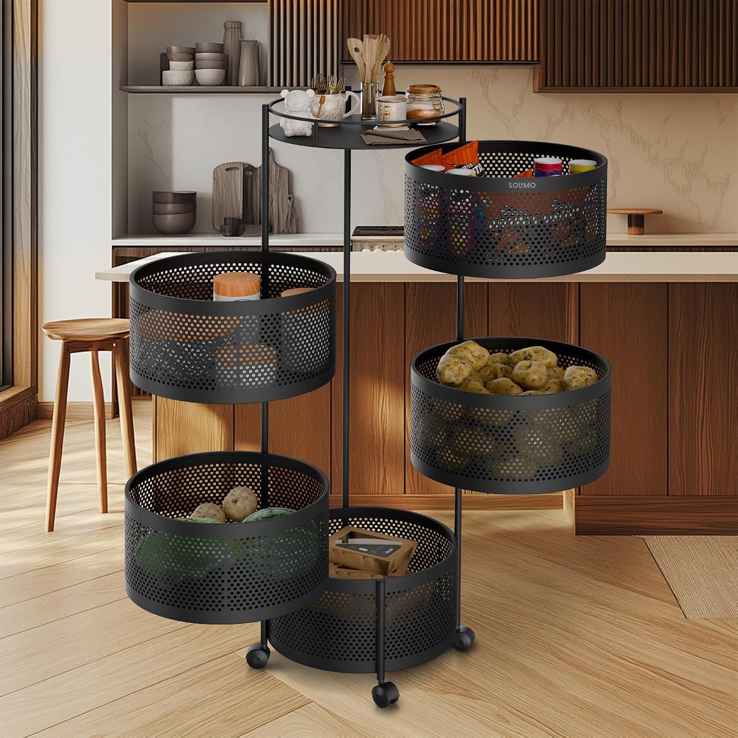Amazon Brand - Solimo 360° Revolving Preassembled Portable 5 Layer Round Multipurpose Storage Kitchen Rack Carbon Steel Fruit Vegetable & Spice Trolley with Wheels for Kitchen Organizer(Matte, Black)