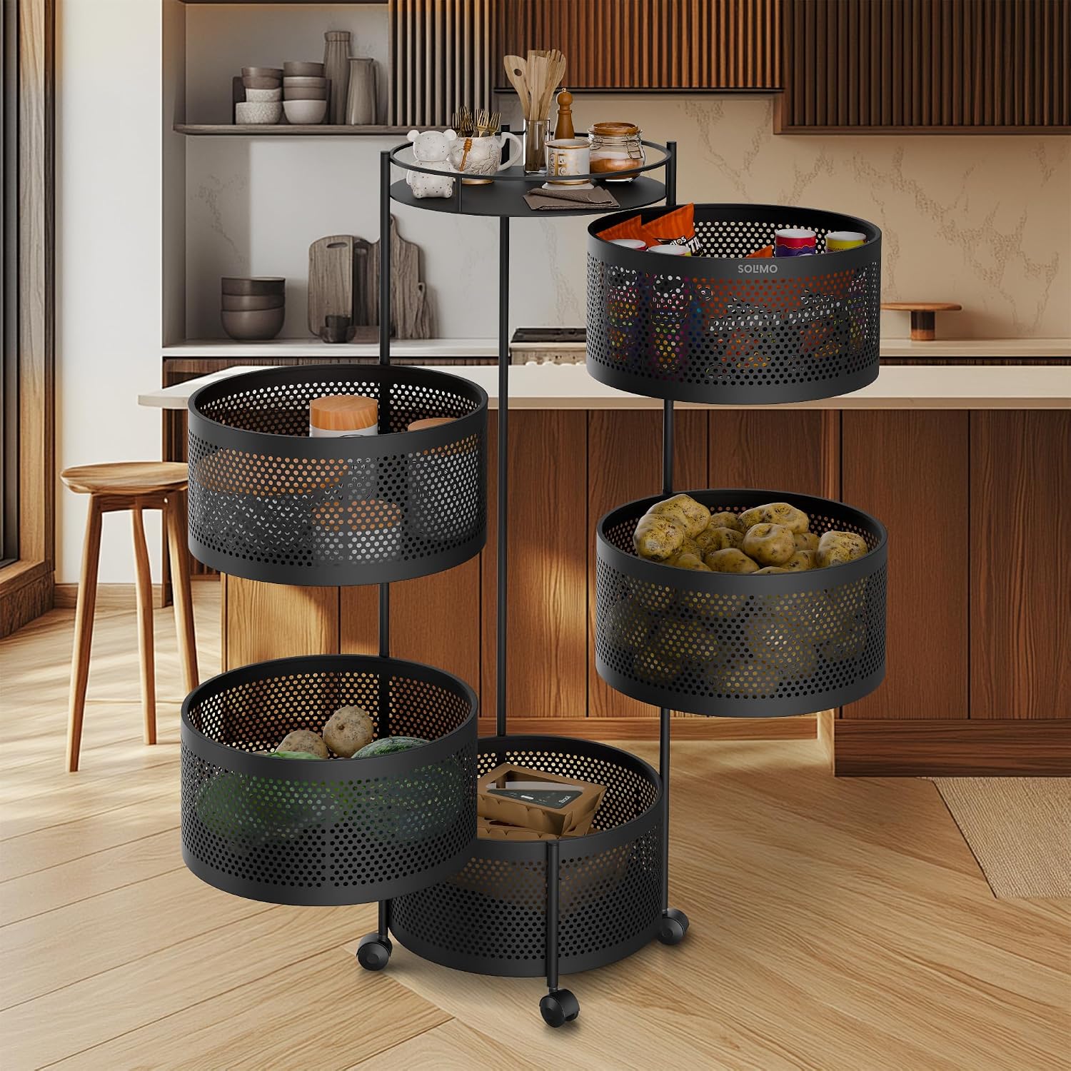 Amazon Brand - Solimo 360° Revolving Preassembled Portable 5 Layer Round Multipurpose Storage Kitchen Rack Carbon Steel Fruit Vegetable & Spice Trolley with Wheels for Kitchen Organizer(Matte, Black)