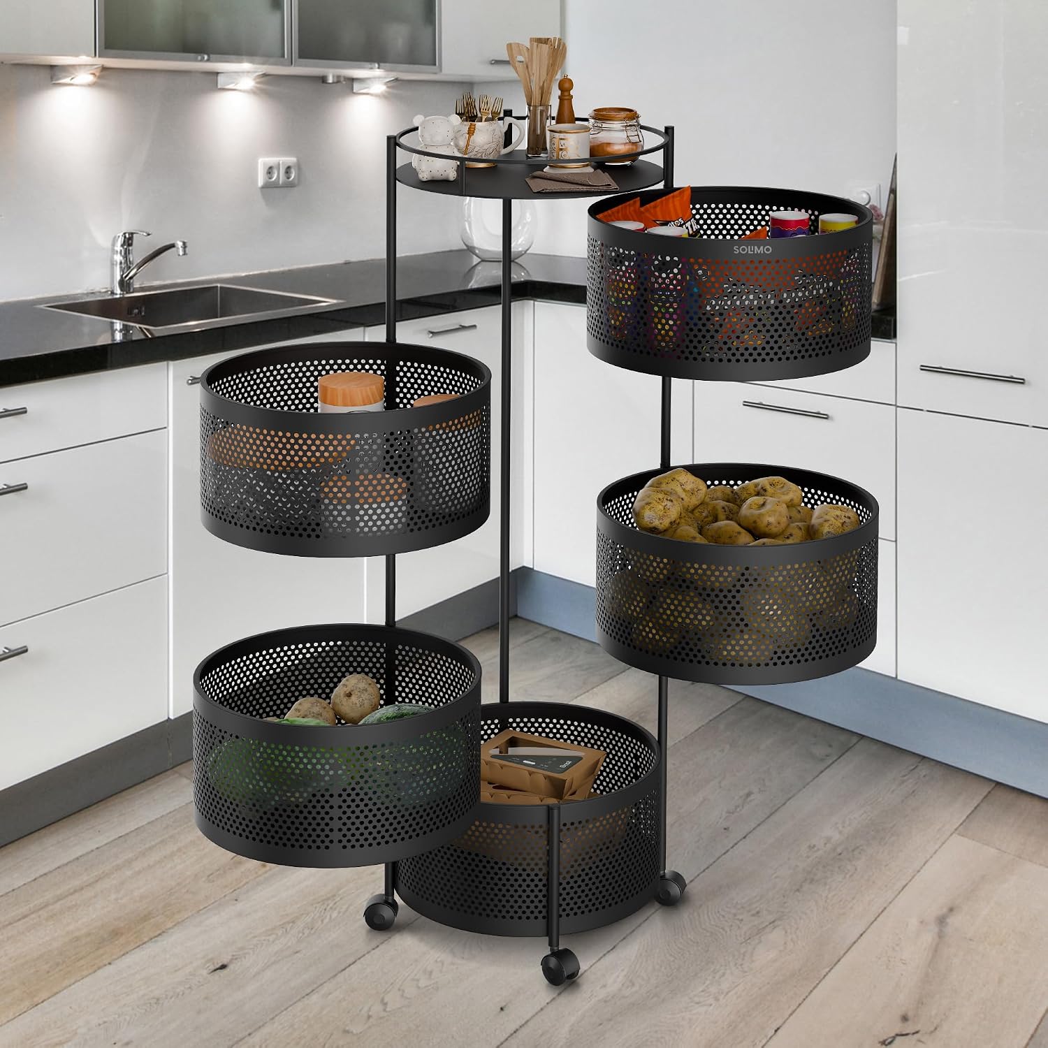 Amazon Brand - Solimo 360° Revolving Preassembled Portable 5 Layer Round Multipurpose Storage Kitchen Rack Carbon Steel Fruit Vegetable & Spice Trolley with Wheels for Kitchen Organizer(Matte, Black)
