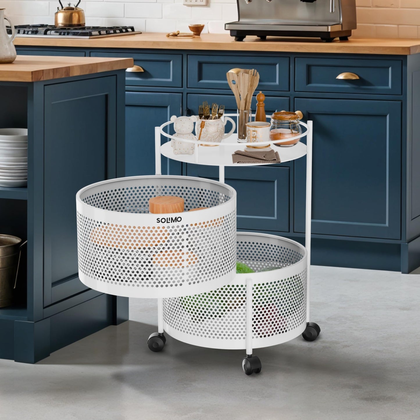 Amazon Brand - Solimo 360° Revolving Preassembled Portable 5 Layer Round Multipurpose Storage Kitchen Rack Carbon Steel Fruit Vegetable & Spice Trolley with Wheels for Kitchen Organizer(Matte, Black)