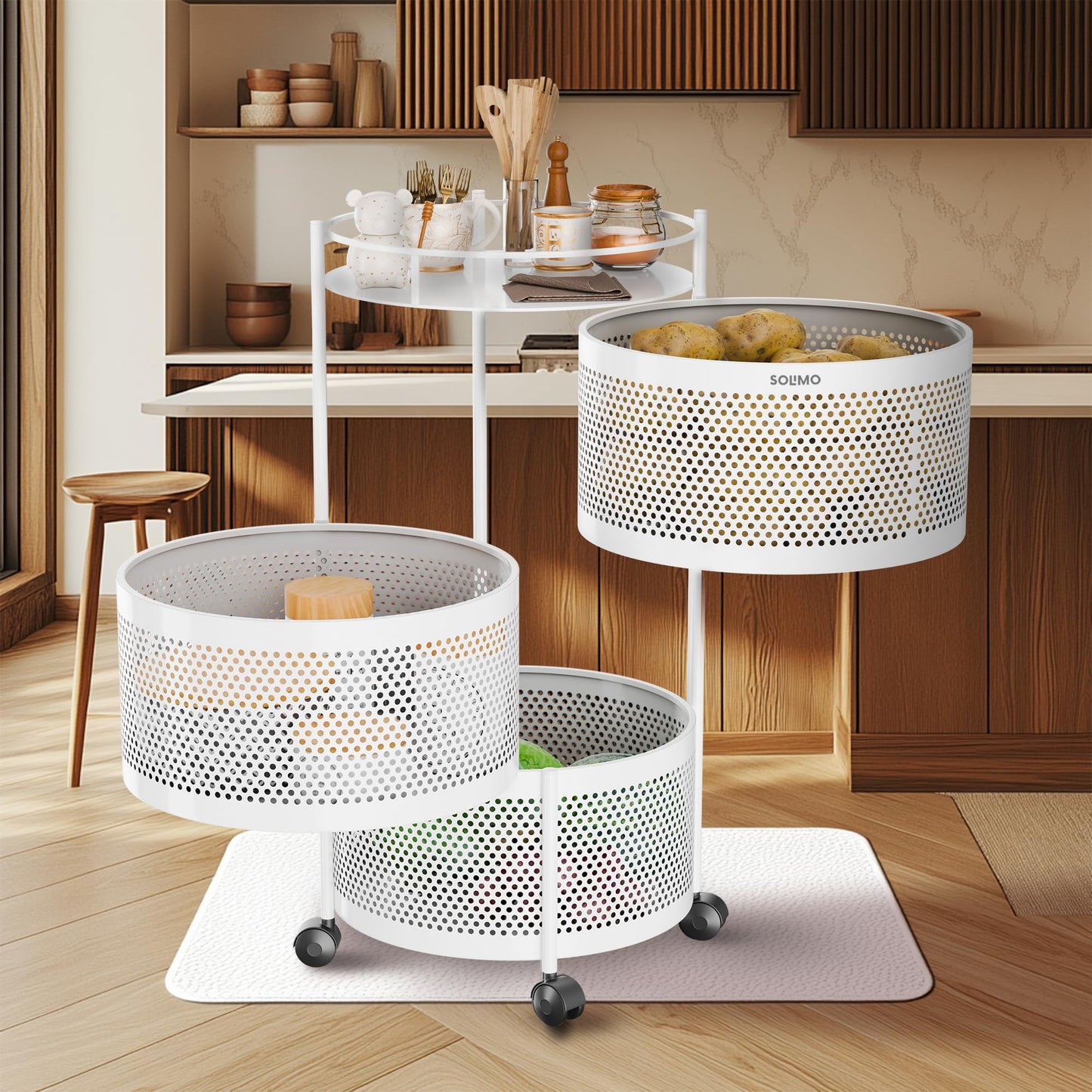 Amazon Brand - Solimo 360° Revolving Preassembled Portable 5 Layer Round Multipurpose Storage Kitchen Rack Carbon Steel Fruit Vegetable & Spice Trolley with Wheels for Kitchen Organizer(Matte, Black)