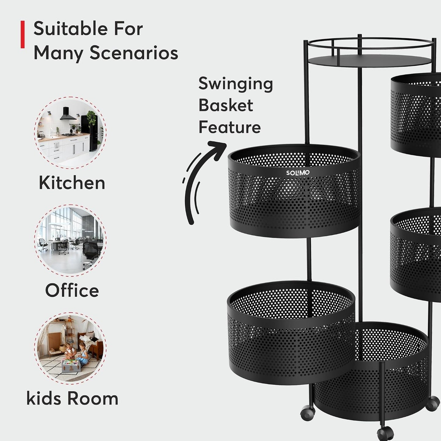 Amazon Brand - Solimo 360° Revolving Preassembled Portable 5 Layer Round Multipurpose Storage Kitchen Rack Carbon Steel Fruit Vegetable & Spice Trolley with Wheels for Kitchen Organizer(Matte, Black)