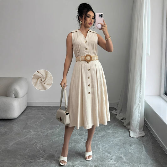 V-neck sleeveless breasted waistband A hem shirt dress for women