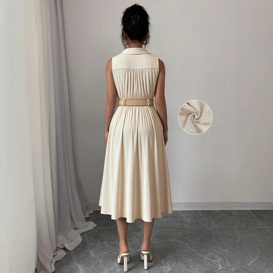 V-neck sleeveless breasted waistband A hem shirt dress for women