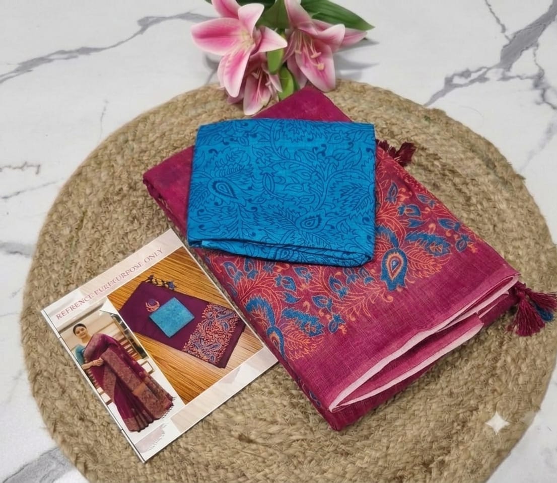 Linen saree with separate blouse 
 
With Jhalar